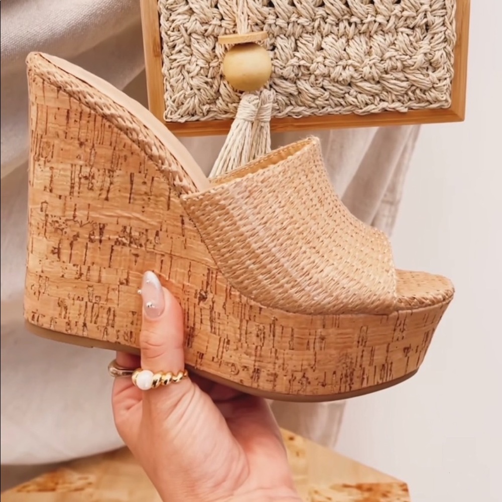 Nude Raffia Cork Platform Wedge - Picture 3 of 9